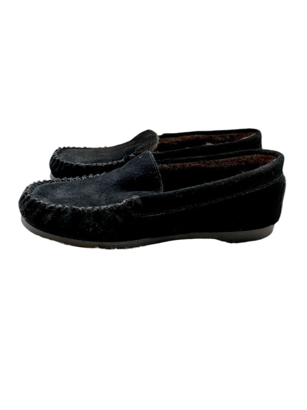 Lands End Moccasin Slippers Suede Leather Womens 6B Black Plush Faux Fur Lining